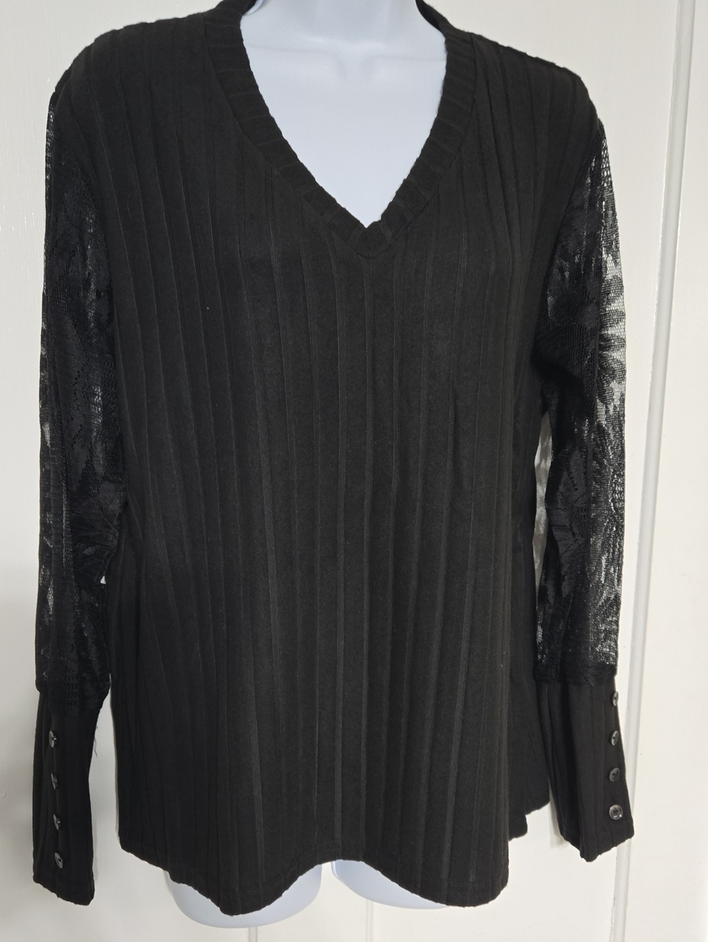 Black V-Neck Buttery Soft Sweater with Lace Sleeves